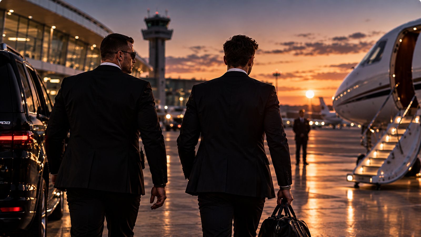 Zwei Personenschützer begleiten eine Person über das Flughafenvorfeld zu einem Privatjet bei Sonnenuntergang