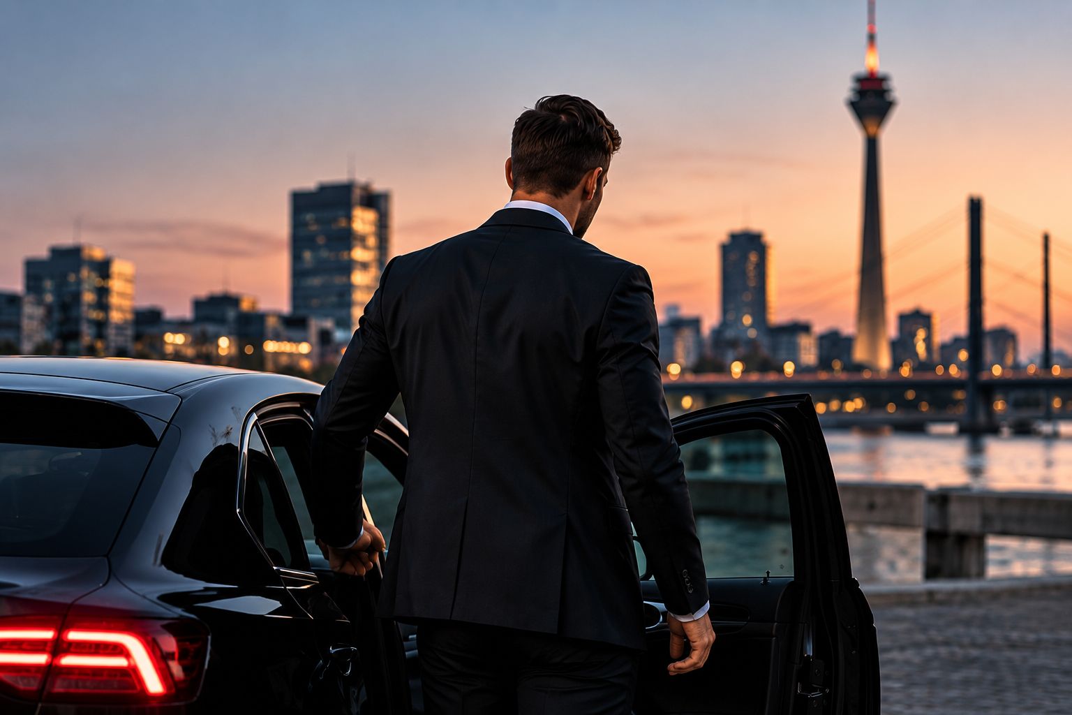Personenschützer im dunklen Anzug öffnet eine Fahrzeugtür vor der Düsseldorfer Skyline mit Rheinturm bei Sonnenuntergang